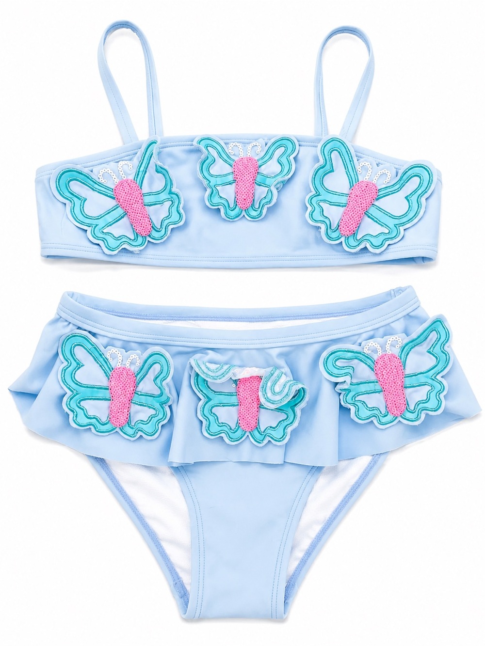 Light Blue Lapdoodle Girls' Butterfly Two-Piece Swim Set with Pink Accents